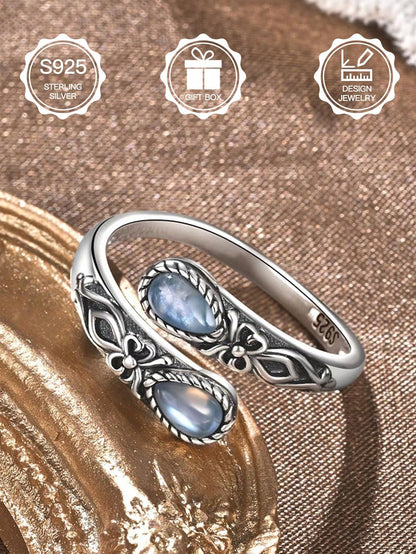 S925 Sterling Silver Moonstone Women's Adjustable Thumb Ring, Victoria Vintage Style Hypoallergenic Nickel Free, Retro Floral, Lucky, Faith, Mother's Love Ring, Bohemian Vintage Style, Daily, Party, H