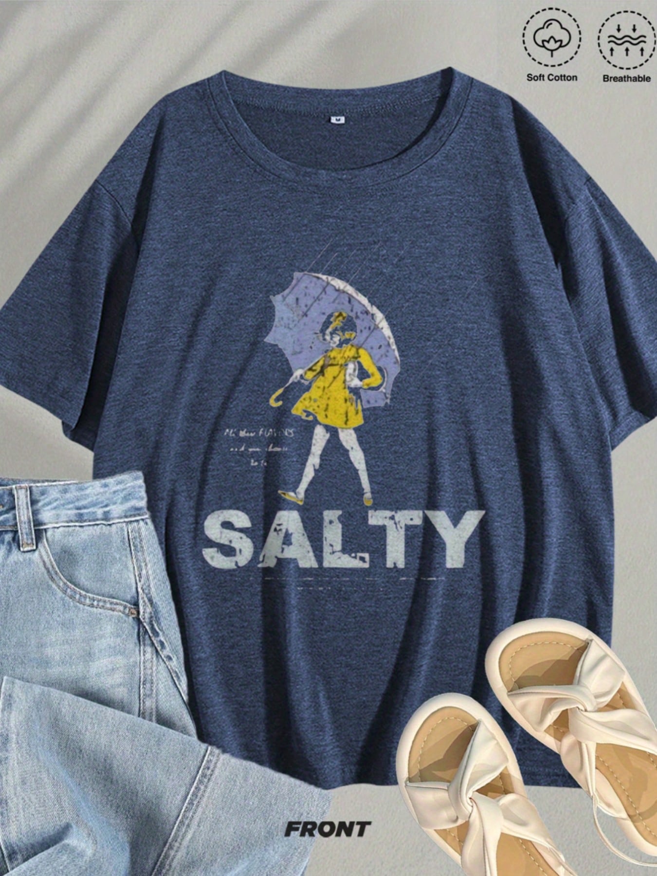 Salty Girl With Umbrella Print Plus Size Fashion Print T-Shirt, Soft Comfortable Skin-Friendly Casual Sports Versatile Crew Neck Short Sleeve Top, Summer Women's Casual Tee & Basic Top