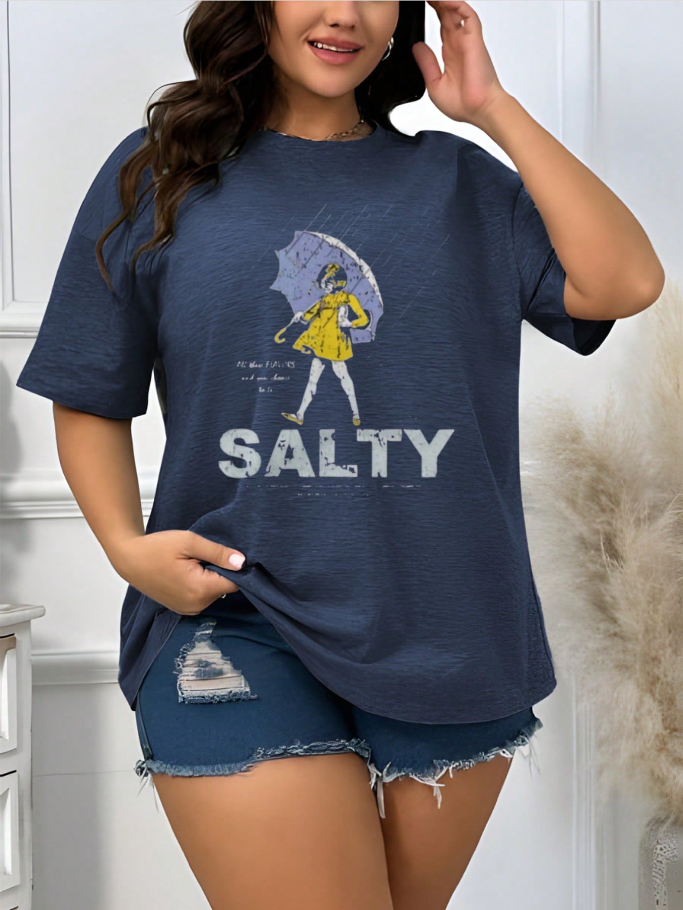 Salty Girl With Umbrella Print Plus Size Fashion Print T-Shirt, Soft Comfortable Skin-Friendly Casual Sports Versatile Crew Neck Short Sleeve Top, Summer Women's Casual Tee & Basic Top