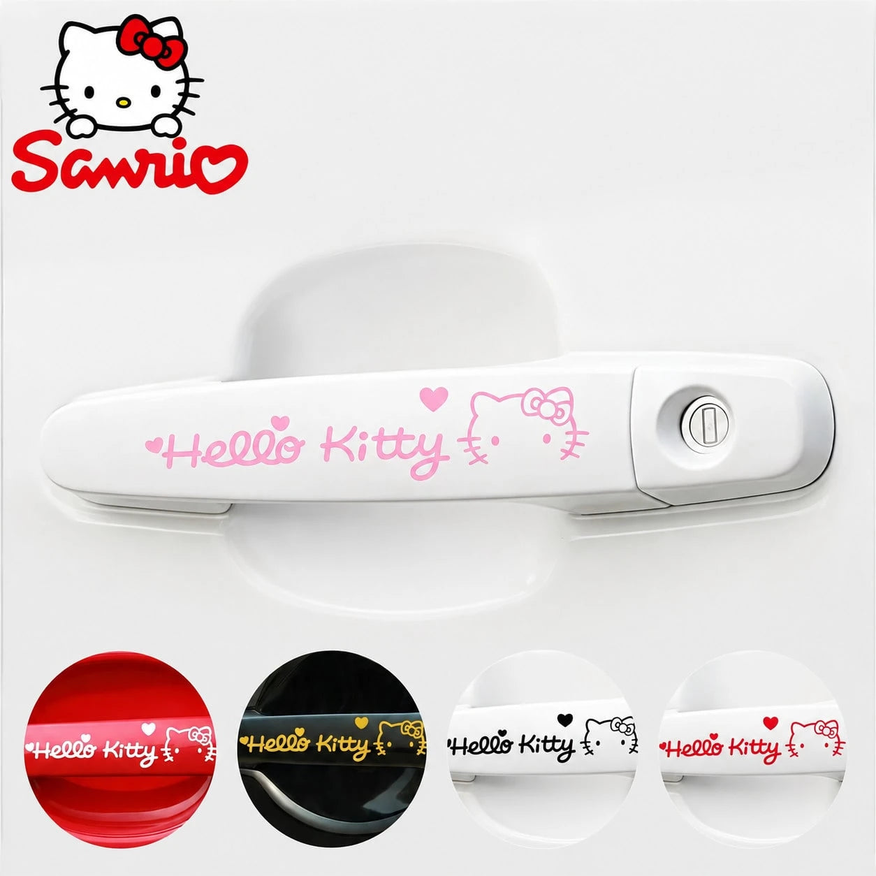 SANRIO 1pc Hello Kitty Car Handle Sticker Set- Premium 3D Suitable For Girls, Cute Kawaii Anime Car Accessory Gift For Her, Very Lovely Door Handle Set Decoration, Fit Most Cars Suvs Trucks, Party Gi