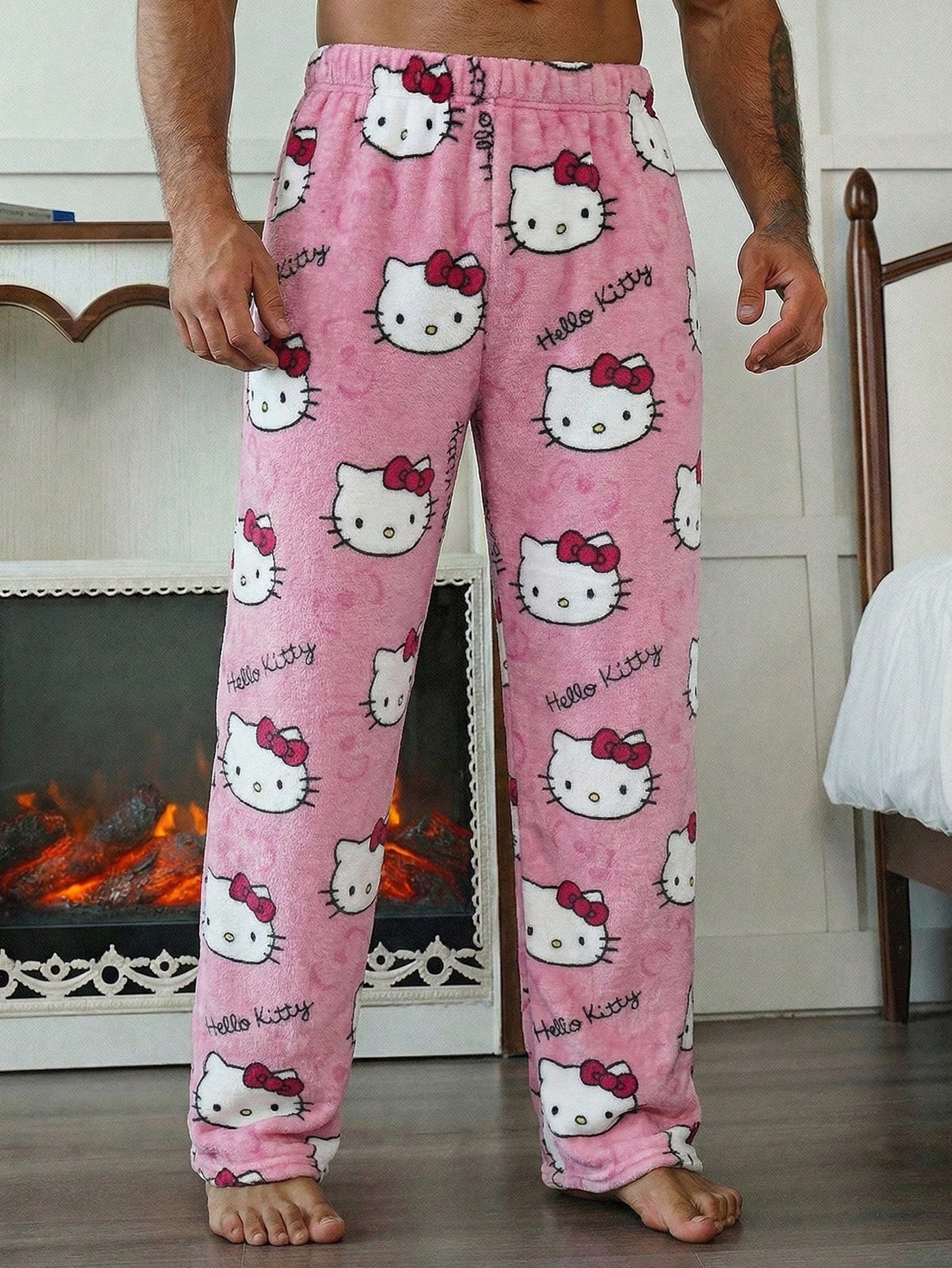 SANRIO 1pc Men's Casual Black Bottom Hello Kitty Pajama Pants, Straight Leg Anime Costume, Autumn/Winter