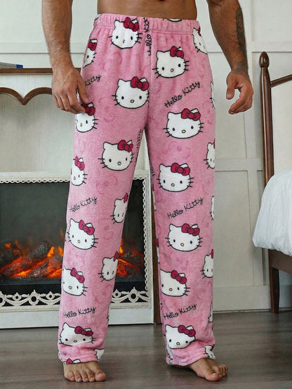 SANRIO 1pc Men's Casual Black Bottom Hello Kitty Pajama Pants, Straight Leg Anime Costume, Autumn/Winter