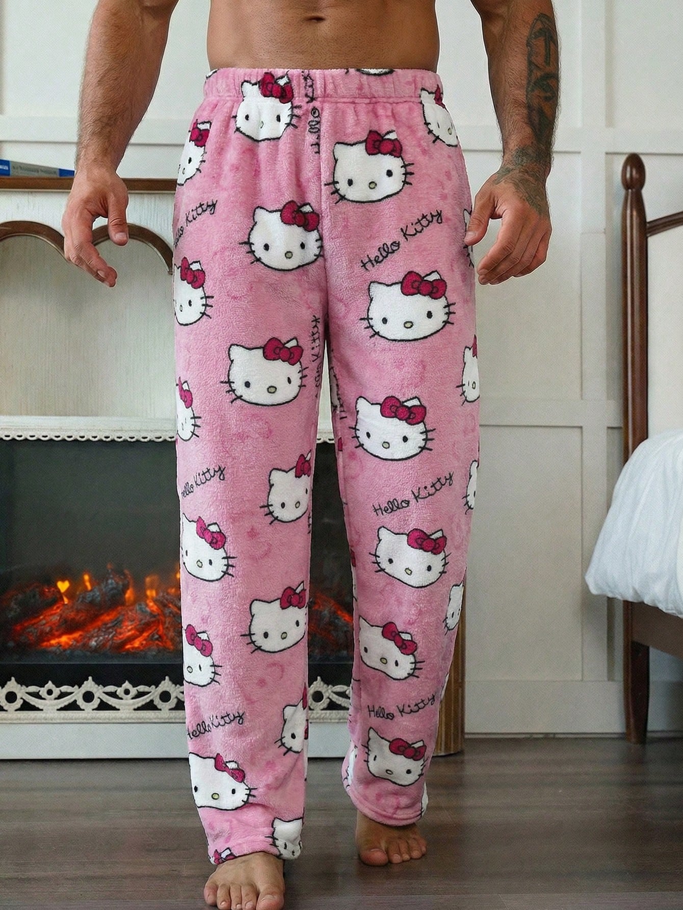SANRIO 1pc Men's Casual Black Bottom Hello Kitty Pajama Pants, Straight Leg Anime Costume, Autumn/Winter