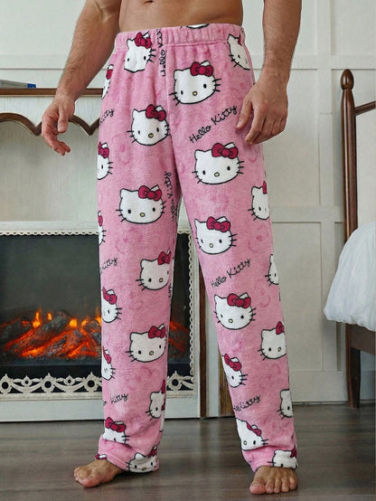 SANRIO 1pc Men's Casual Black Bottom Hello Kitty Pajama Pants, Straight Leg Anime Costume, Autumn/Winter
