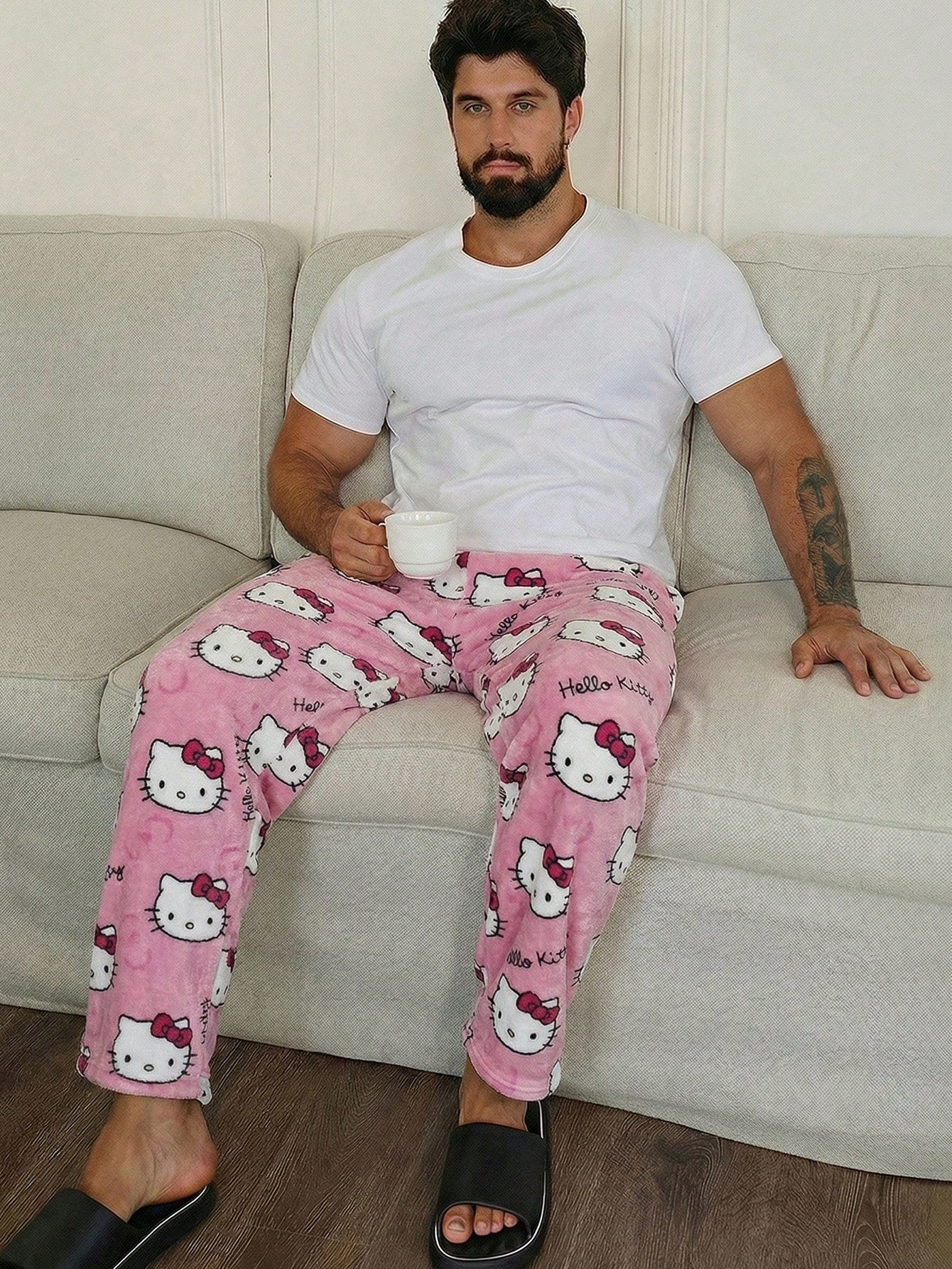 SANRIO 1pc Men's Casual Black Bottom Hello Kitty Pajama Pants, Straight Leg Anime Costume, Autumn/Winter