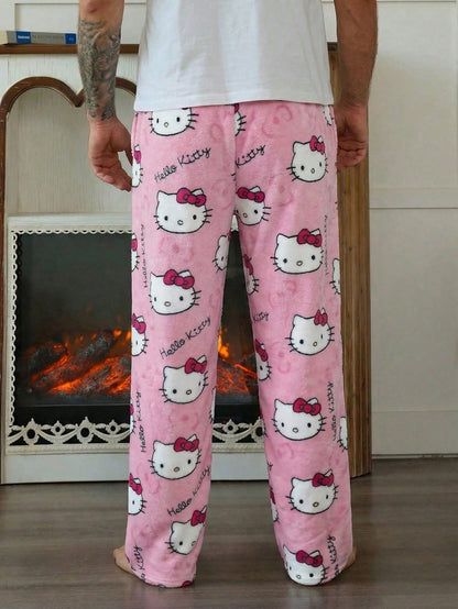 SANRIO 1pc Men's Casual Black Bottom Hello Kitty Pajama Pants, Straight Leg Anime Costume, Autumn/Winter