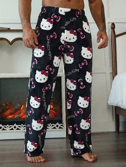 SANRIO 1pc Men's Casual Black Bottom Hello Kitty Pajama Pants, Straight Leg Anime Costume, Autumn/Winter