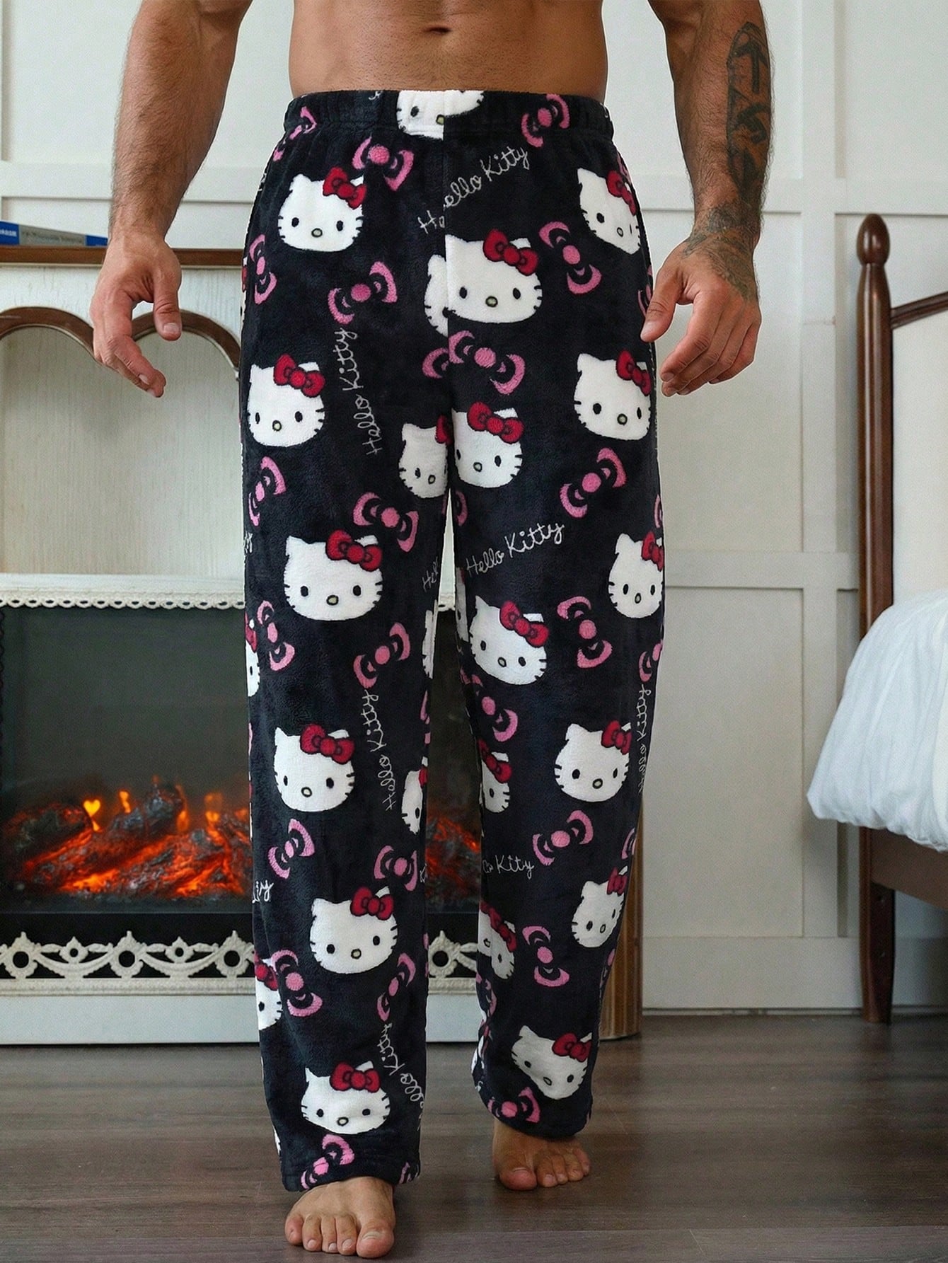 SANRIO 1pc Men's Casual Black Bottom Hello Kitty Pajama Pants, Straight Leg Anime Costume, Autumn/Winter