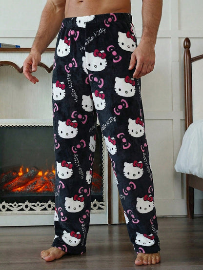 SANRIO 1pc Men's Casual Black Bottom Hello Kitty Pajama Pants, Straight Leg Anime Costume, Autumn/Winter