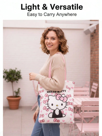 Sanrio Hello Kitty Canvas Lunch School Duffle Tote Bags For Women, Cute Pink Hello Kitty Party Favors Laptop Pouch Makeup Bag For Girls For School, Suitable For Commuting, School, And Shopping, Conven