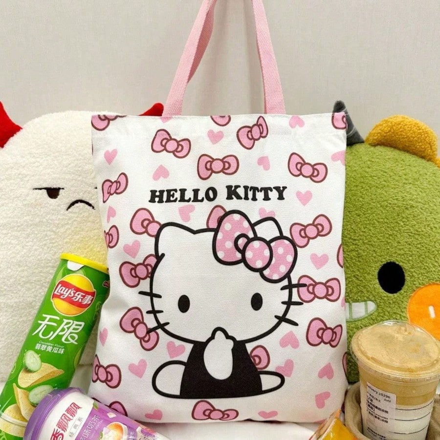 Sanrio Hello Kitty Canvas Lunch School Duffle Tote Bags For Women, Cute Pink Hello Kitty Party Favors Laptop Pouch Makeup Bag For Girls For School, Suitable For Commuting, School, And Shopping, Conven
