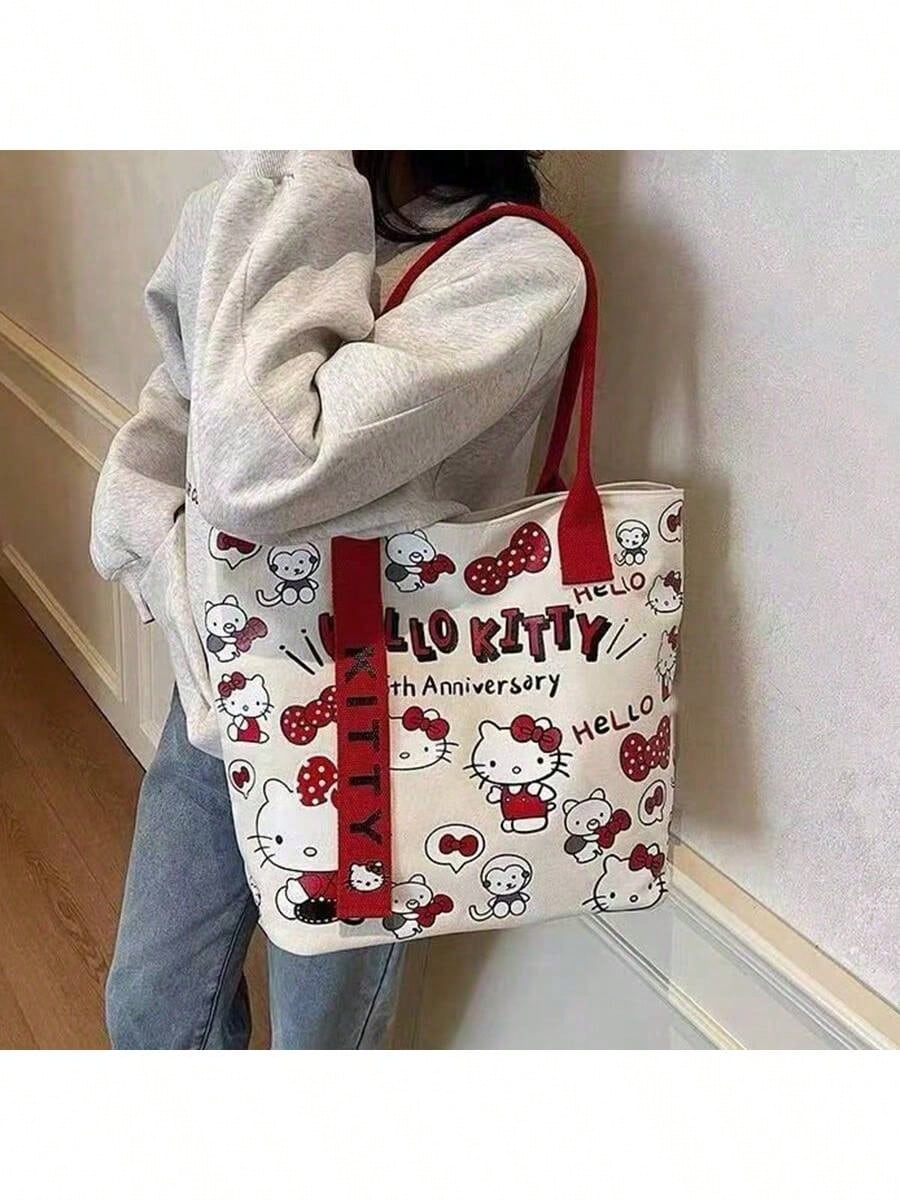Sanrio Hello Kitty Canvas Lunch School Duffle Tote Bags For Women, Cute Pink Hello Kitty Party Favors Laptop Pouch Makeup Bag For Girls For School, Suitable For Commuting, School, And Shopping, Conven