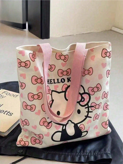 Sanrio Hello Kitty Canvas Lunch School Duffle Tote Bags For Women, Cute Pink Hello Kitty Party Favors Laptop Pouch Makeup Bag For Girls For School, Suitable For Commuting, School, And Shopping, Conven