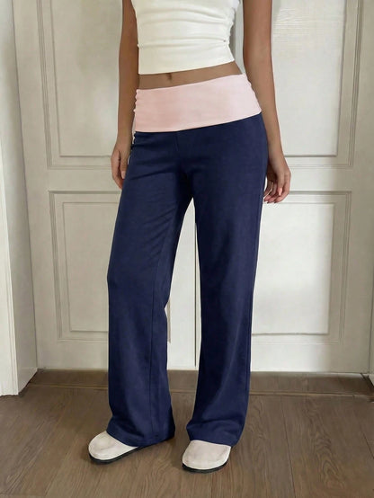 SCARLUX Summer & Autumn Y2K Women's Solid Navy Blue Flare Pants, Folded Low Waist Casual Long Pants, Suitable For Back To School Streetwear