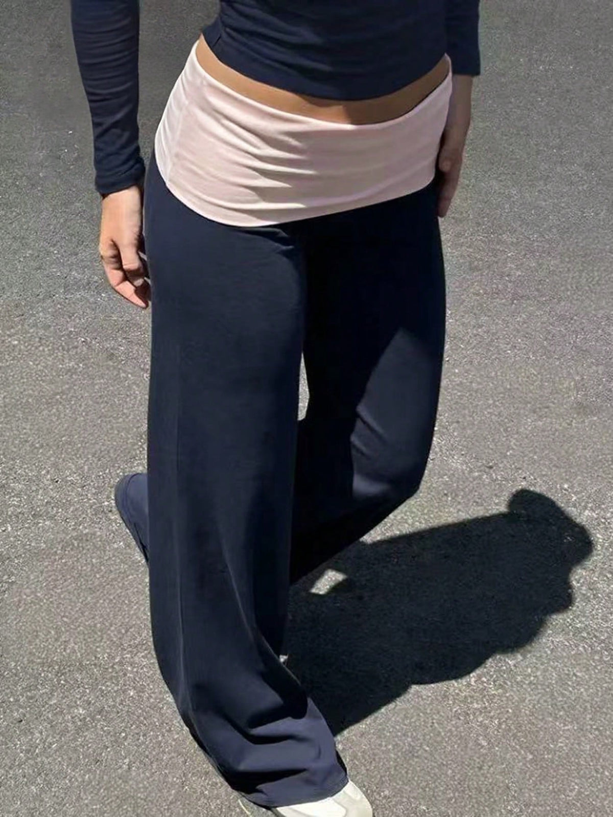 SCARLUX Summer & Autumn Y2K Women's Solid Navy Blue Flare Pants, Folded Low Waist Casual Long Pants, Suitable For Back To School Streetwear