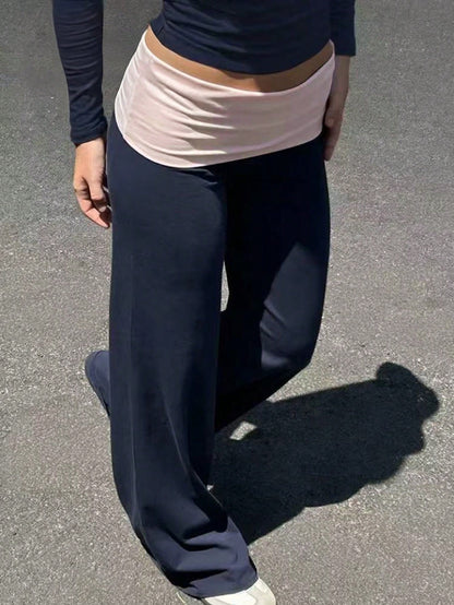 SCARLUX Summer & Autumn Y2K Women's Solid Navy Blue Flare Pants, Folded Low Waist Casual Long Pants, Suitable For Back To School Streetwear