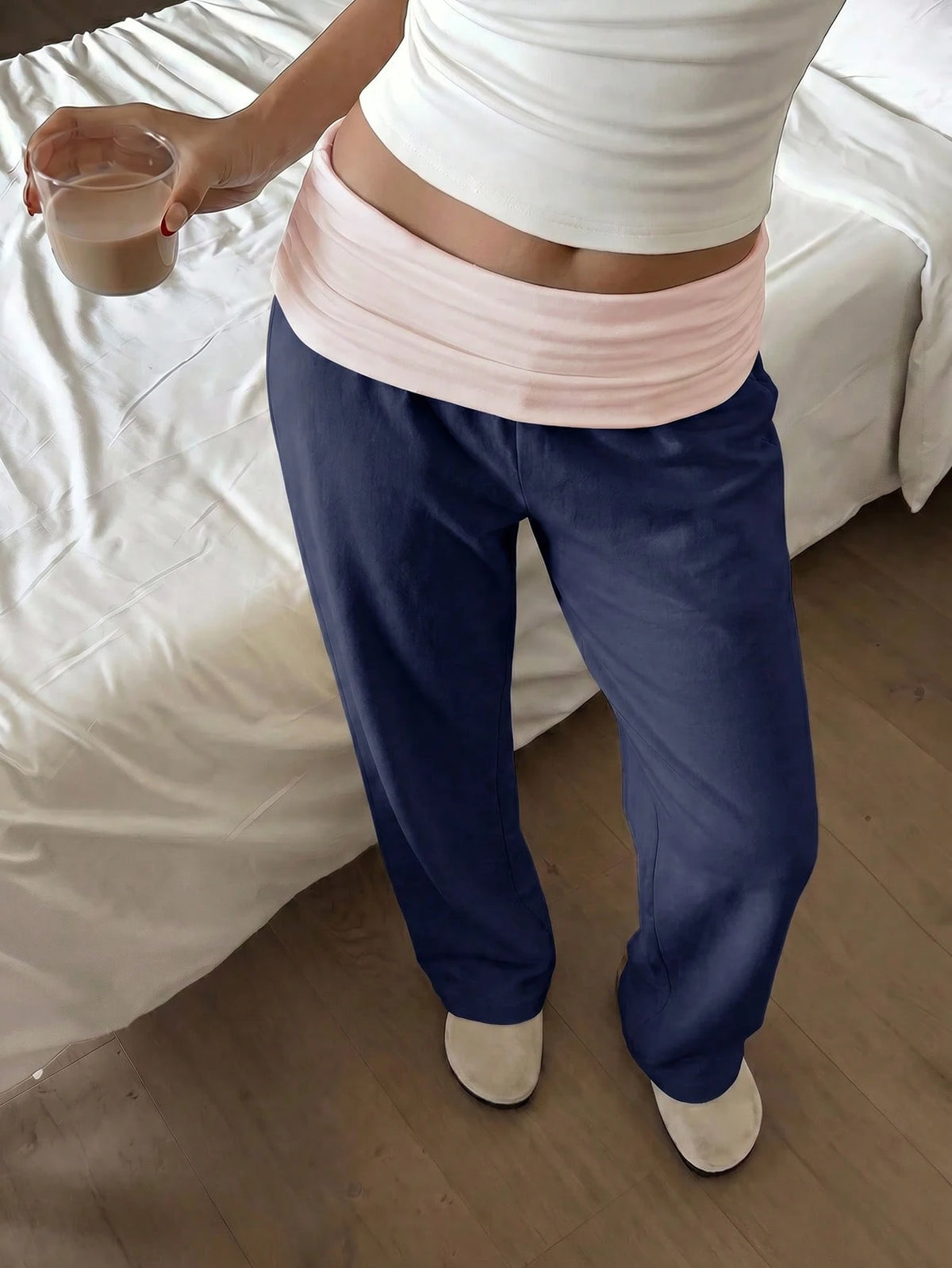 SCARLUX Summer & Autumn Y2K Women's Solid Navy Blue Flare Pants, Folded Low Waist Casual Long Pants, Suitable For Back To School Streetwear