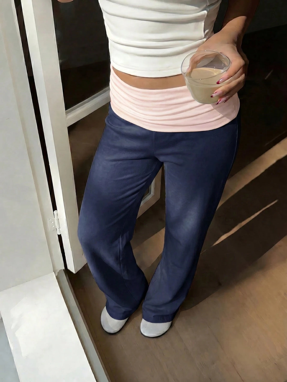 SCARLUX Summer & Autumn Y2K Women's Solid Navy Blue Flare Pants, Folded Low Waist Casual Long Pants, Suitable For Back To School Streetwear