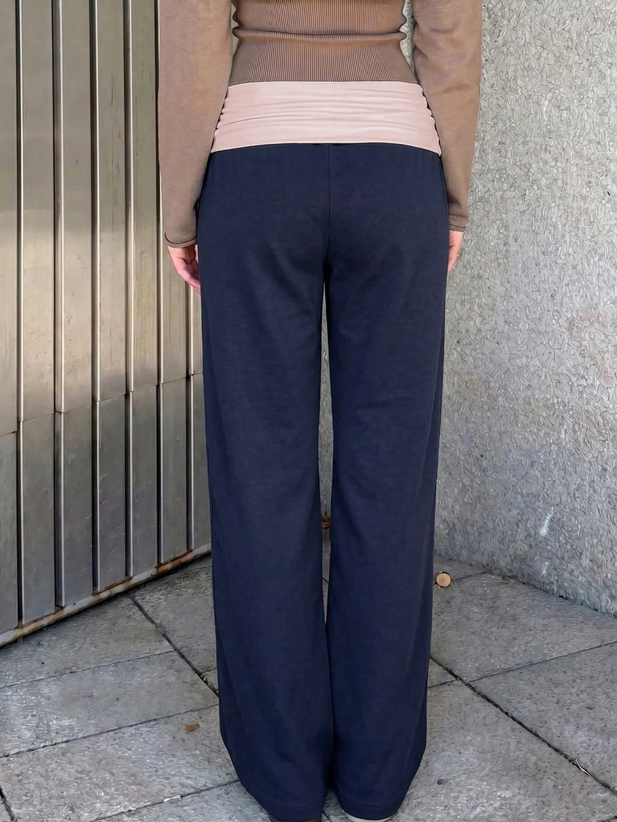 SCARLUX Summer & Autumn Y2K Women's Solid Navy Blue Flare Pants, Folded Low Waist Casual Long Pants, Suitable For Back To School Streetwear