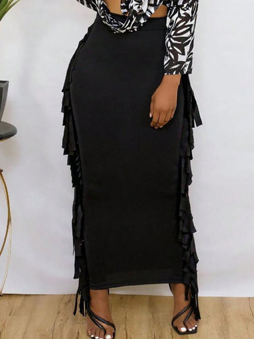 SEBOWEL Cotton Blend Sides Tassel Maxi Skirt Casual Bodycon Skirts Bottom