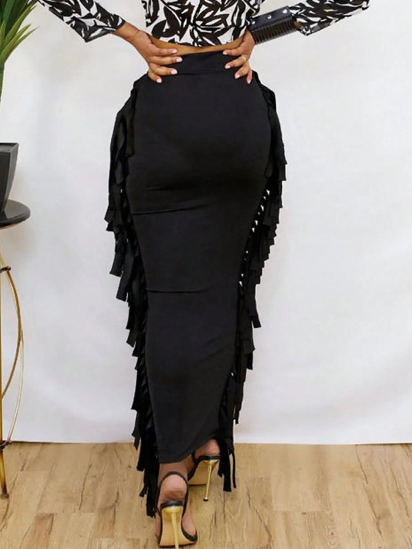 SEBOWEL Cotton Blend Sides Tassel Maxi Skirt Casual Bodycon Skirts Bottom