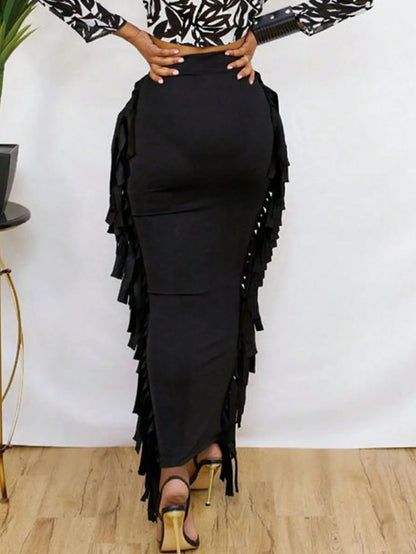 SEBOWEL Cotton Blend Sides Tassel Maxi Skirt Casual Bodycon Skirts Bottom