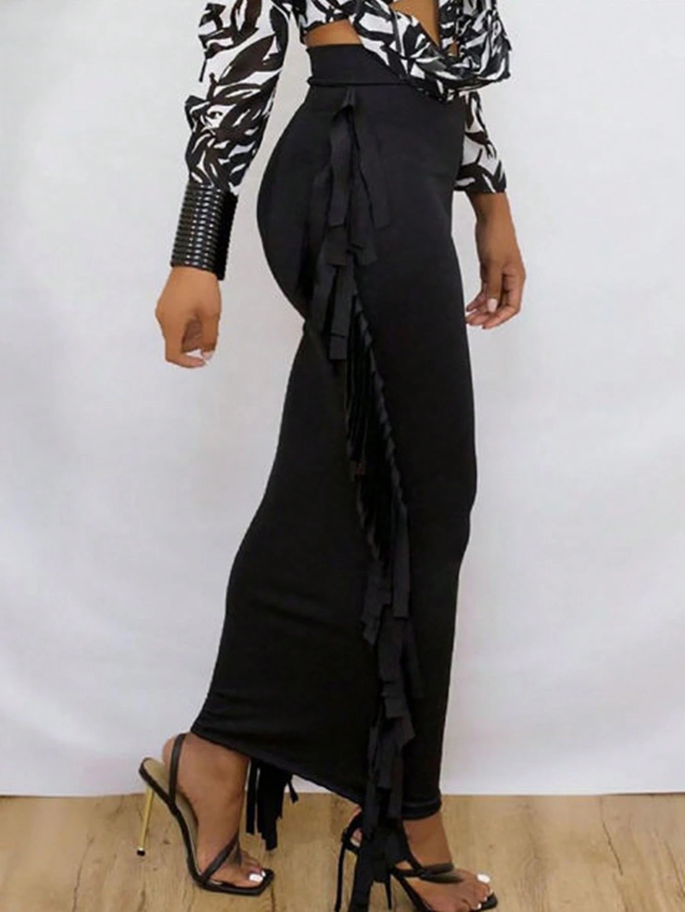 SEBOWEL Cotton Blend Sides Tassel Maxi Skirt Casual Bodycon Skirts Bottom