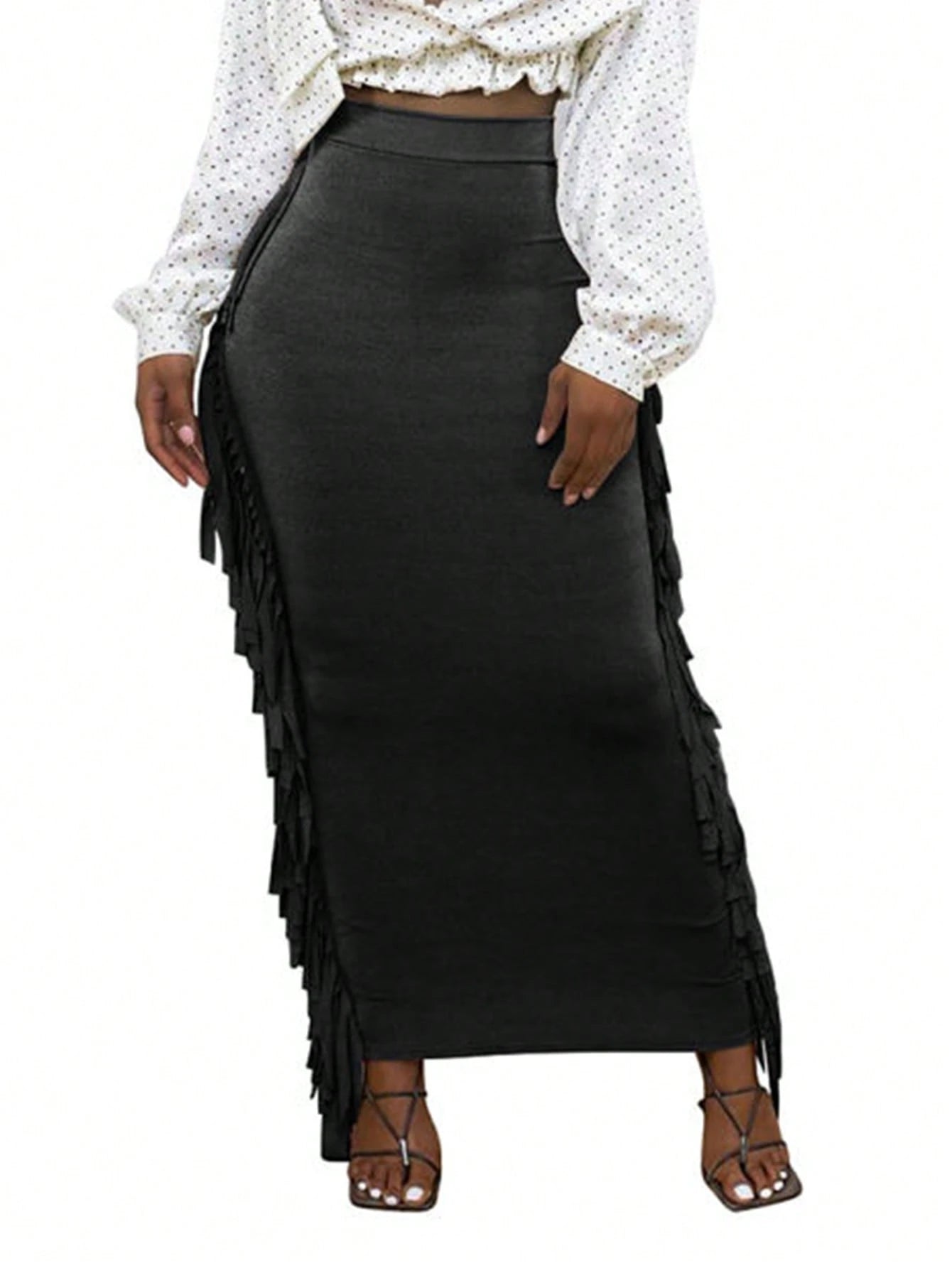 SEBOWEL Cotton Blend Sides Tassel Maxi Skirt Casual Bodycon Skirts Bottom