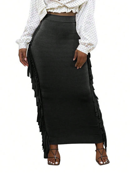 SEBOWEL Cotton Blend Sides Tassel Maxi Skirt Casual Bodycon Skirts Bottom
