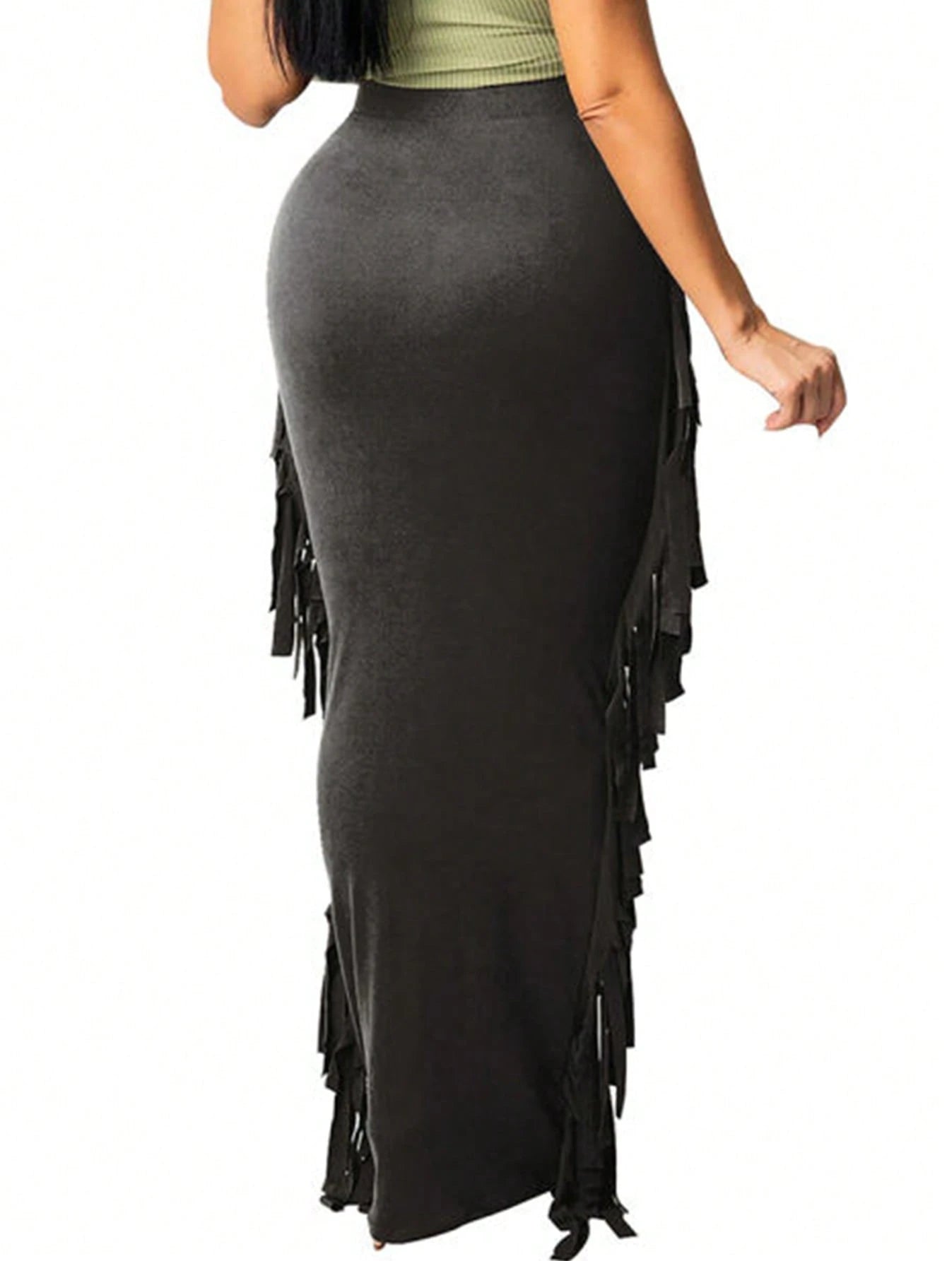 SEBOWEL Cotton Blend Sides Tassel Maxi Skirt Casual Bodycon Skirts Bottom