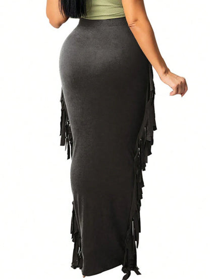 SEBOWEL Cotton Blend Sides Tassel Maxi Skirt Casual Bodycon Skirts Bottom