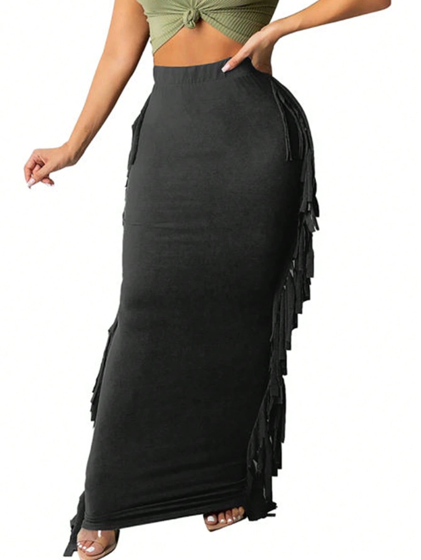 SEBOWEL Cotton Blend Sides Tassel Maxi Skirt Casual Bodycon Skirts Bottom