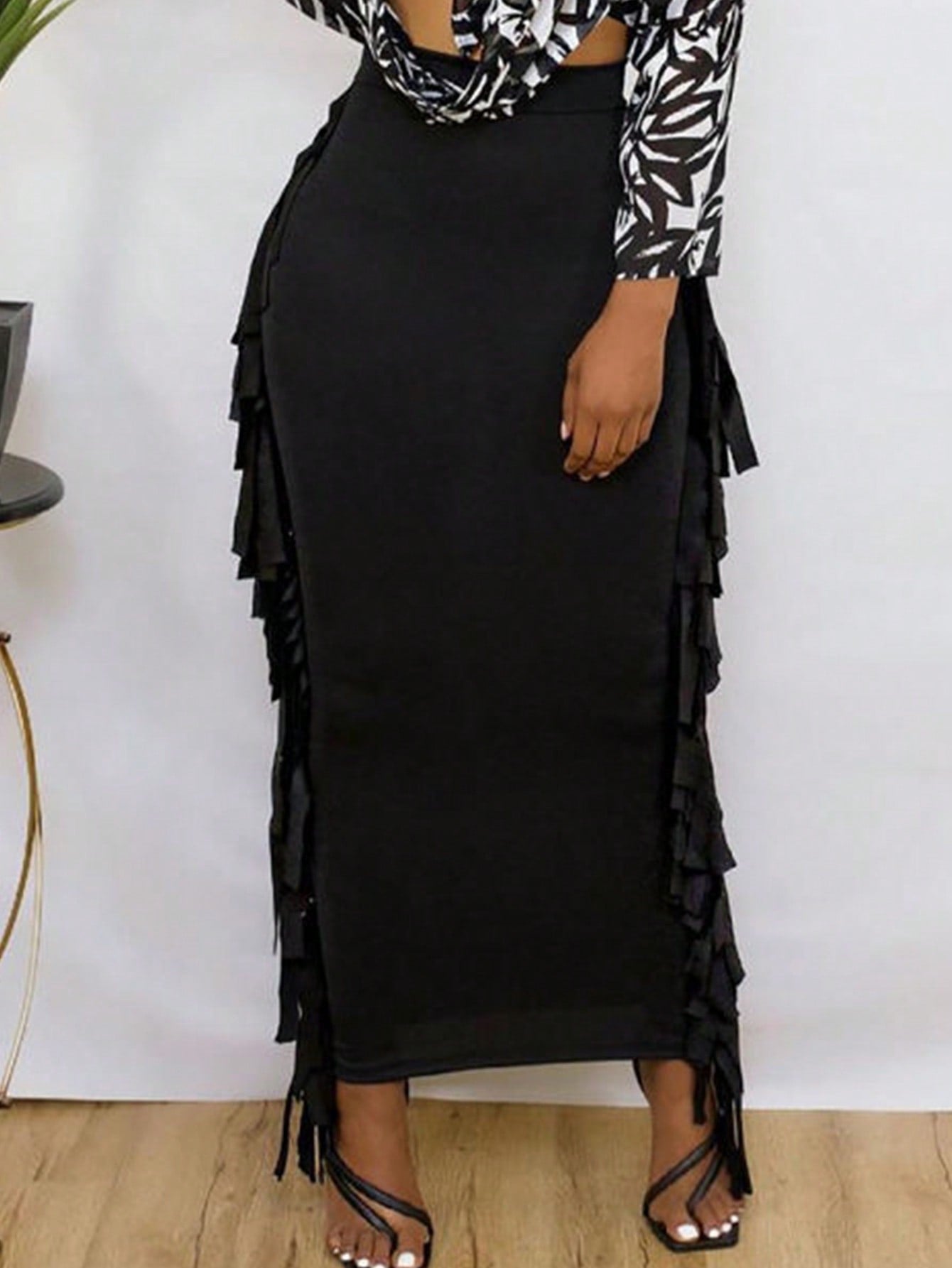 SEBOWEL Cotton Blend Sides Tassel Maxi Skirt Casual Bodycon Skirts Bottom