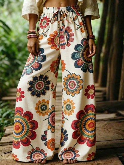 Selamara Bohemian Vacation Style Khaki Textured Casual Long Pants, Loose High Waist Elastic Waist Drawstring Draped Straight Leg Pants, Beach Casual Vacation Travel Wide Leg Pants