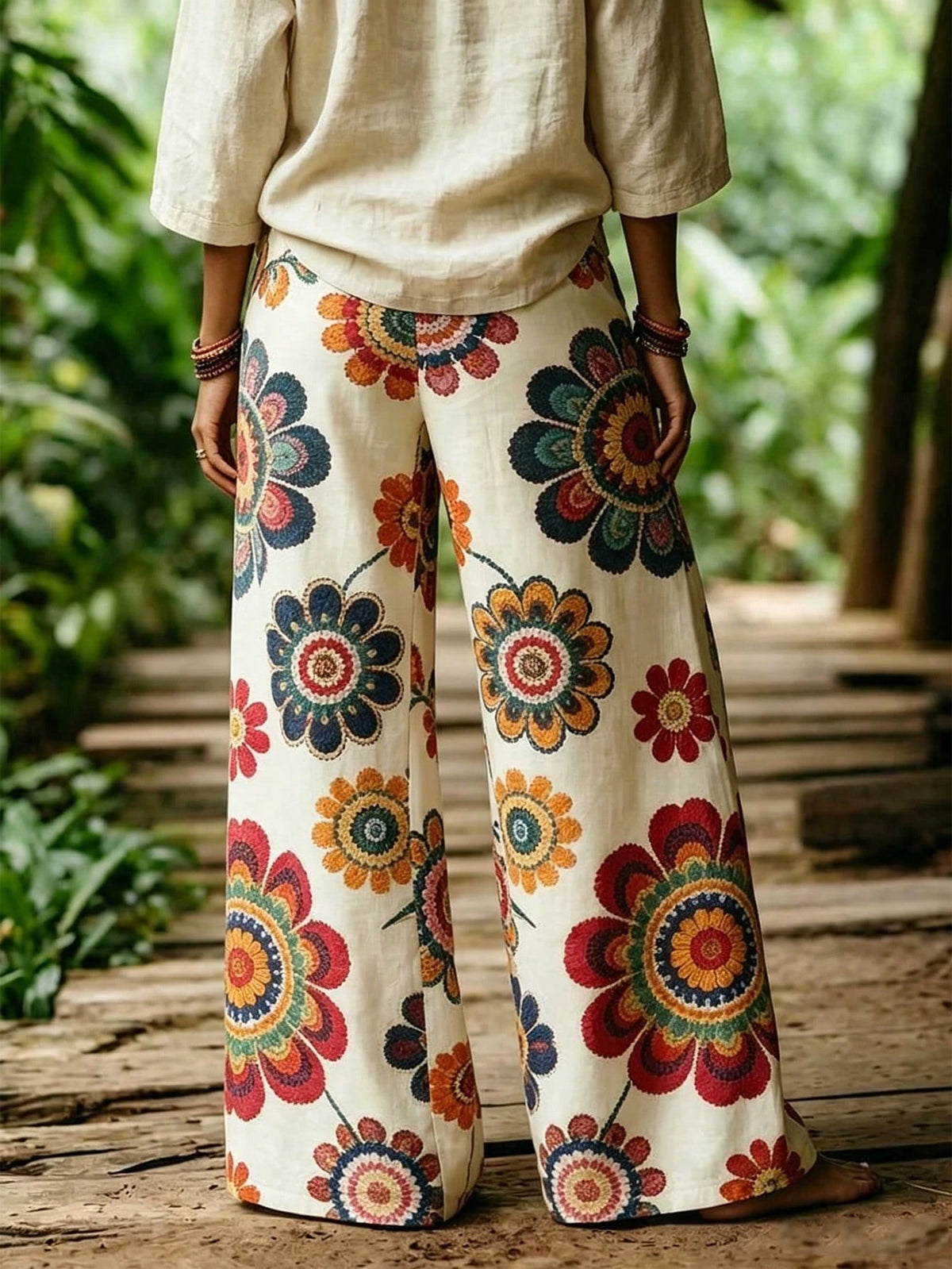 Selamara Bohemian Vacation Style Khaki Textured Casual Long Pants, Loose High Waist Elastic Waist Drawstring Draped Straight Leg Pants, Beach Casual Vacation Travel Wide Leg Pants