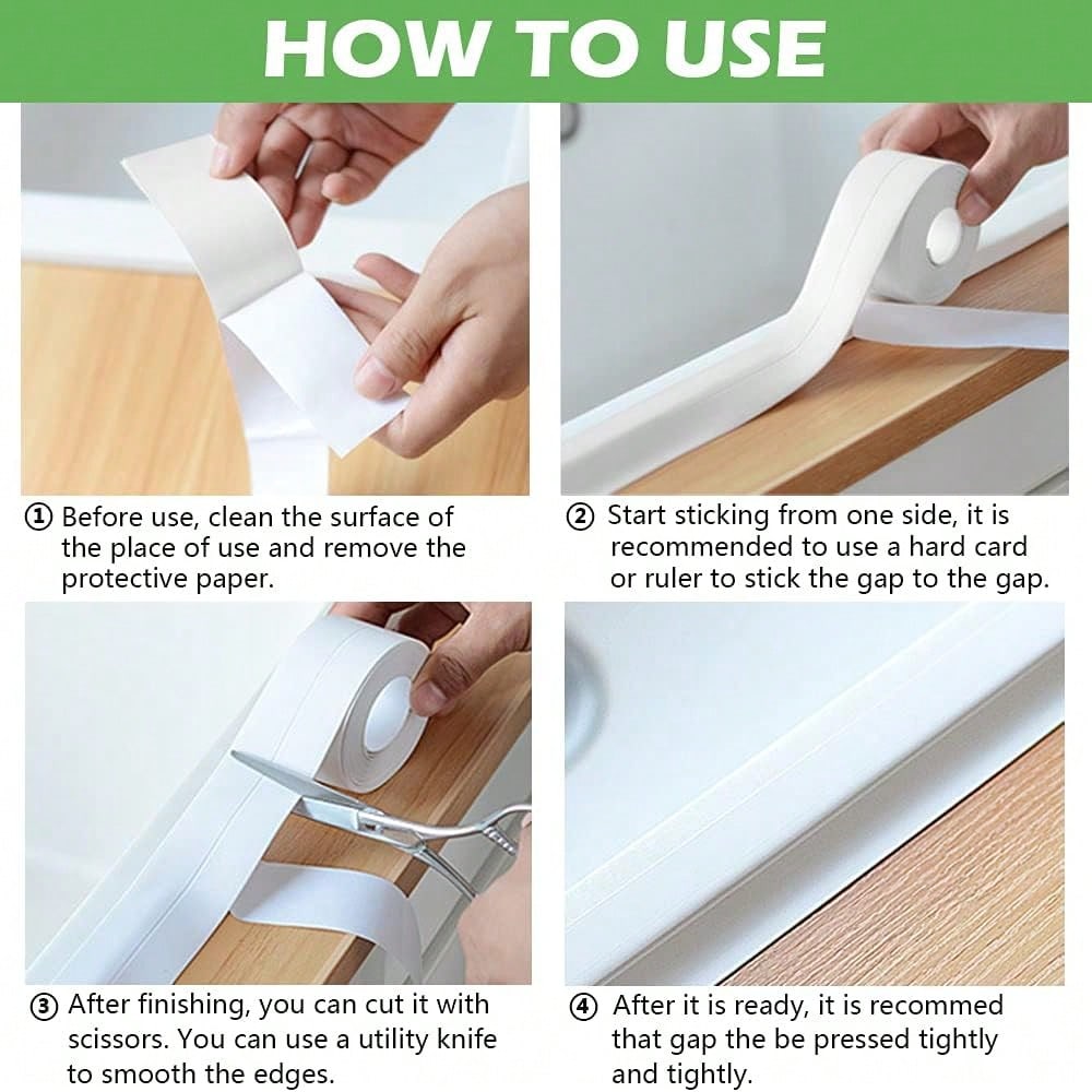 Self Adhesive Caulk Tape 2 Pack 1.5 X 10.5Ft Waterproof PVC Sealing Strip Bathroom Bathtub Kitchen