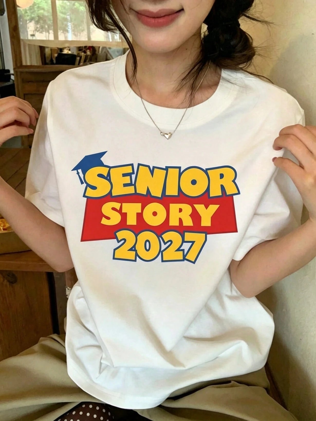Senior Story 2027 T-Shirt, Cartoon Graduation Letter Print Oversized Tee, Class Of 27 Casual Top