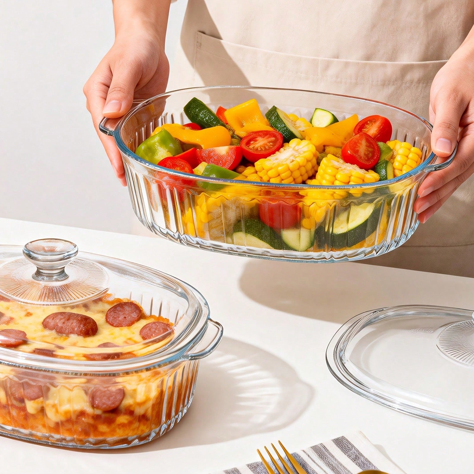 Senmeo 1pc 61oz Glass Casserole Dish With Lid, Ribbed Oval Glass Baking Dish For Oven & Microwave, Clear Lead-Free Covered Casserole Cookware, Versatile Deep Glass Food Container For Baking, Cooking
