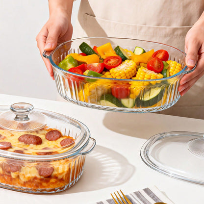 Senmeo 1pc 61oz Glass Casserole Dish With Lid, Ribbed Oval Glass Baking Dish For Oven & Microwave, Clear Lead-Free Covered Casserole Cookware, Versatile Deep Glass Food Container For Baking, Cooking