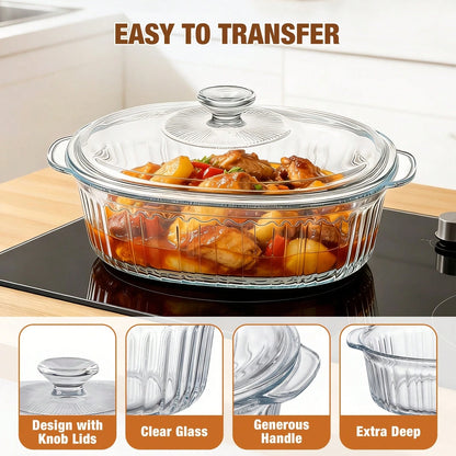 Senmeo 1pc 61oz Glass Casserole Dish With Lid, Ribbed Oval Glass Baking Dish For Oven & Microwave, Clear Lead-Free Covered Casserole Cookware, Versatile Deep Glass Food Container For Baking, Cooking