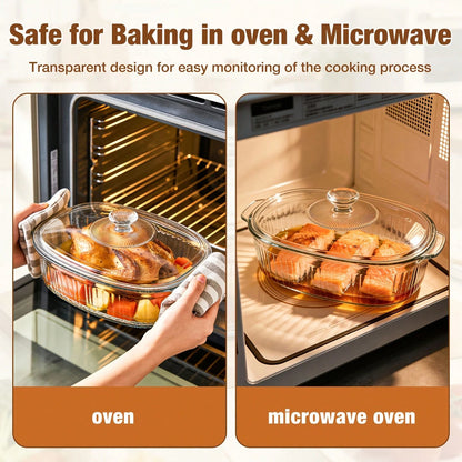 Senmeo 1pc 61oz Glass Casserole Dish With Lid, Ribbed Oval Glass Baking Dish For Oven & Microwave, Clear Lead-Free Covered Casserole Cookware, Versatile Deep Glass Food Container For Baking, Cooking