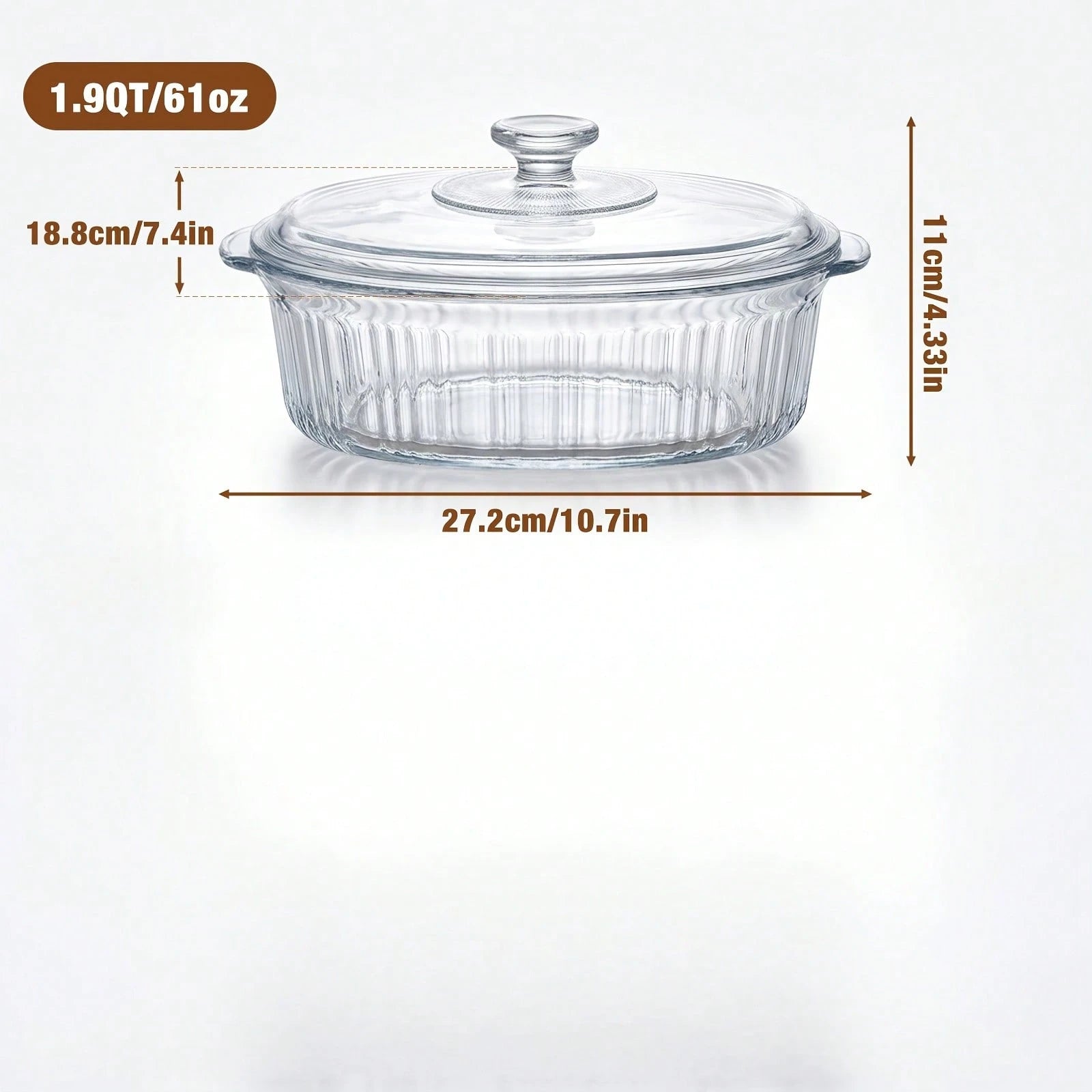 Senmeo 1pc 61oz Glass Casserole Dish With Lid, Ribbed Oval Glass Baking Dish For Oven & Microwave, Clear Lead-Free Covered Casserole Cookware, Versatile Deep Glass Food Container For Baking, Cooking