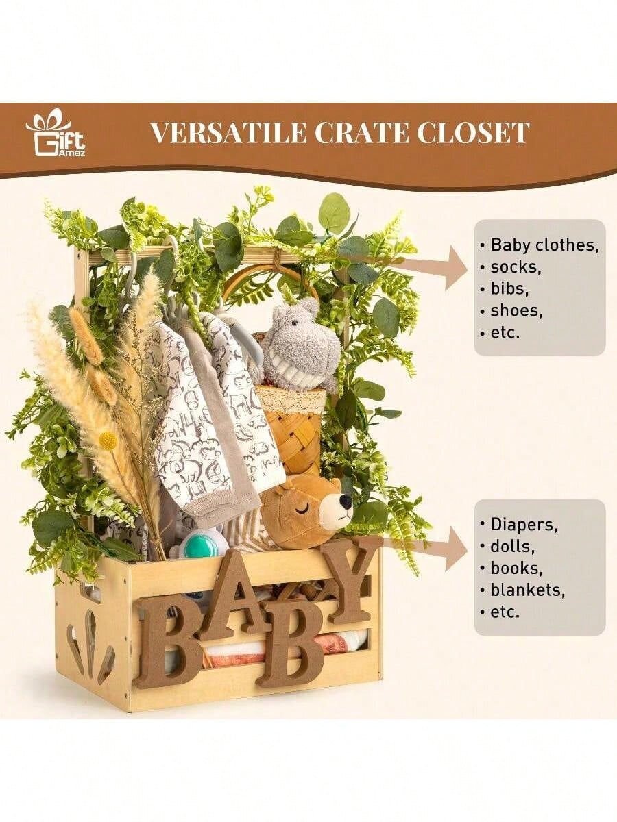 Senmeo 1Pcs Wooden Baby Storage Crate, Portable With Handle Design, Multipurpose Gift Basket, Baby Shower/Newborn/Pregnancy Gift Use