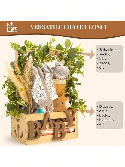 Senmeo 1Pcs Wooden Baby Storage Crate, Portable With Handle Design, Multipurpose Gift Basket, Baby Shower/Newborn/Pregnancy Gift Use