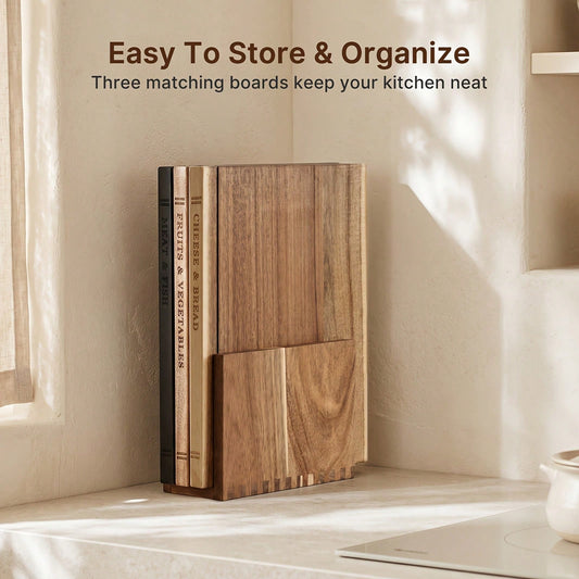 Senmeo 3Pack Acacia Wood Prep Board Set, Wooden Cutting Boards With Storage Rack, Multi-Functional Charcuterie Tray, For Ingredient Cutting/Appetizer Serving, Premium Kitchen Housewarming Gift