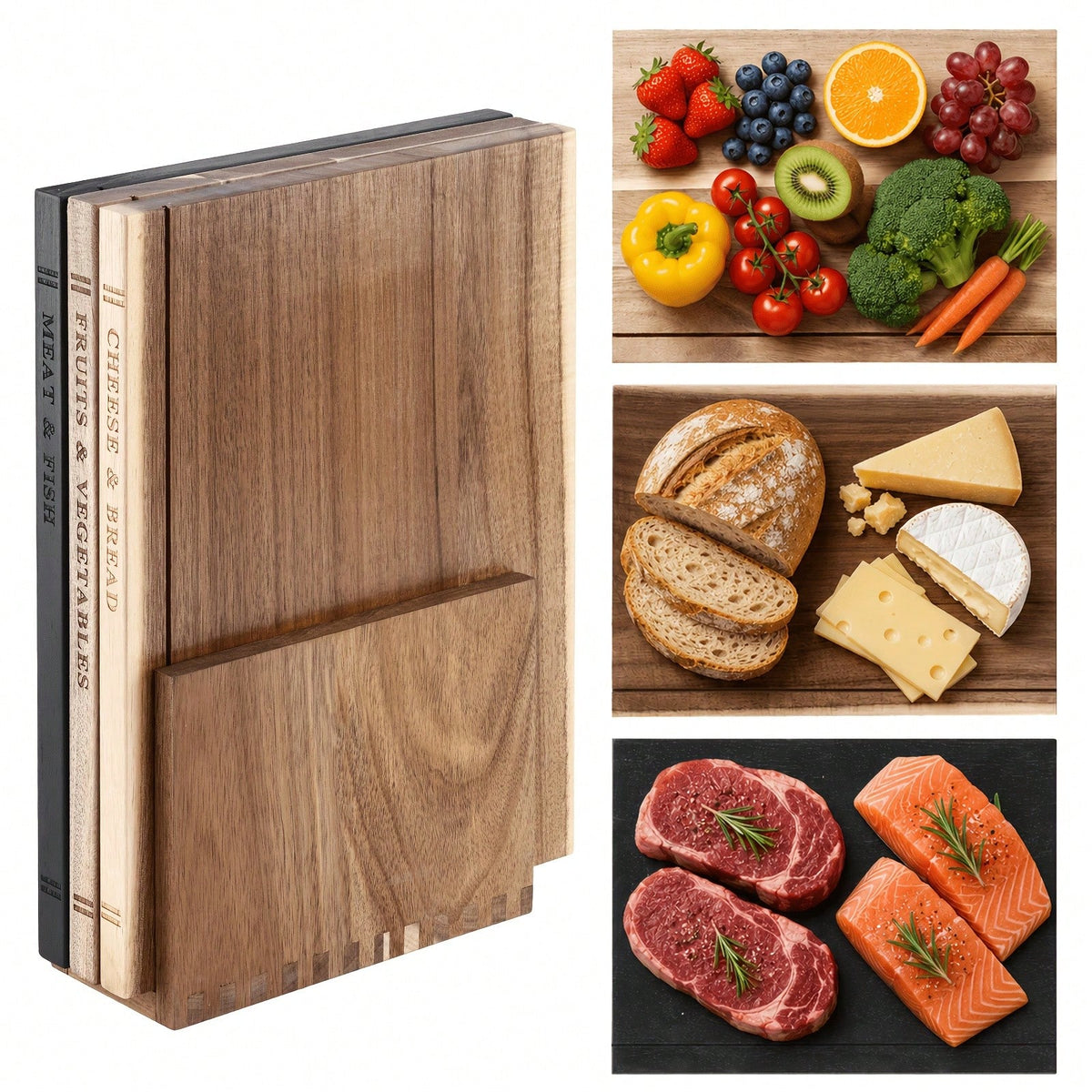 Senmeo 3Pack Acacia Wood Prep Board Set, Wooden Cutting Boards With Storage Rack, Multi-Functional Charcuterie Tray, For Ingredient Cutting/Appetizer Serving, Premium Kitchen Housewarming Gift