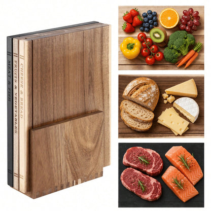 Senmeo 3Pack Acacia Wood Prep Board Set, Wooden Cutting Boards With Storage Rack, Multi-Functional Charcuterie Tray, For Ingredient Cutting/Appetizer Serving, Premium Kitchen Housewarming Gift