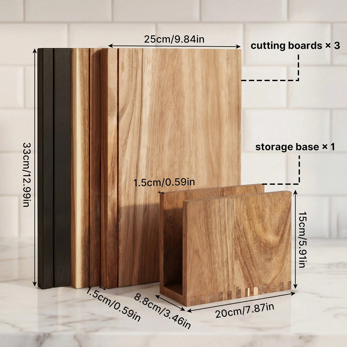 Senmeo 3Pack Acacia Wood Prep Board Set, Wooden Cutting Boards With Storage Rack, Multi-Functional Charcuterie Tray, For Ingredient Cutting/Appetizer Serving, Premium Kitchen Housewarming Gift