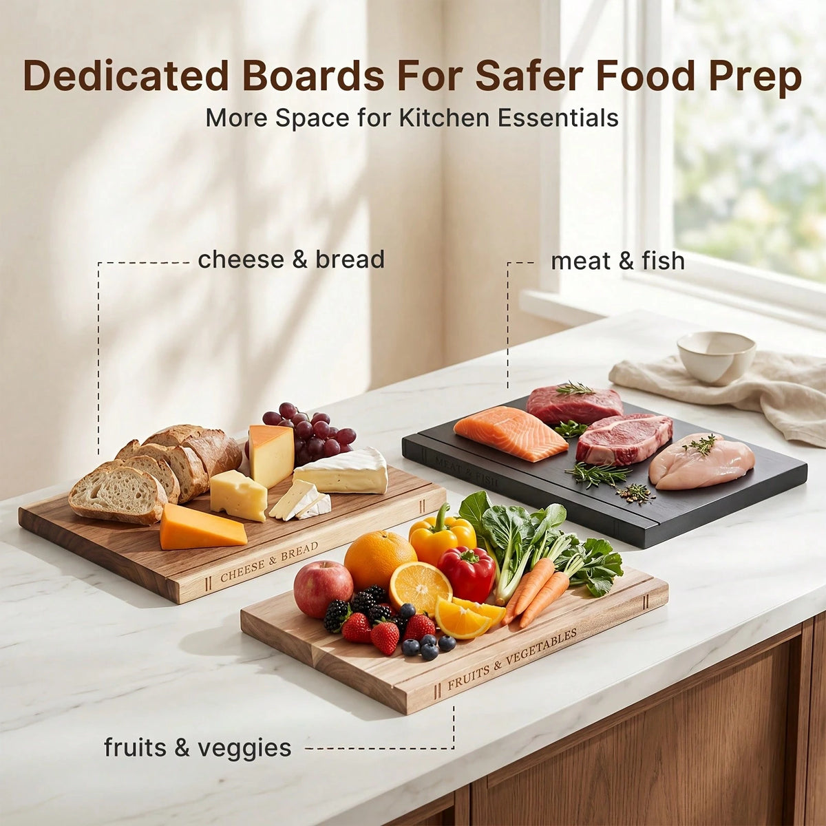 Senmeo 3Pack Acacia Wood Prep Board Set, Wooden Cutting Boards With Storage Rack, Multi-Functional Charcuterie Tray, For Ingredient Cutting/Appetizer Serving, Premium Kitchen Housewarming Gift