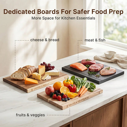 Senmeo 3Pack Acacia Wood Prep Board Set, Wooden Cutting Boards With Storage Rack, Multi-Functional Charcuterie Tray, For Ingredient Cutting/Appetizer Serving, Premium Kitchen Housewarming Gift